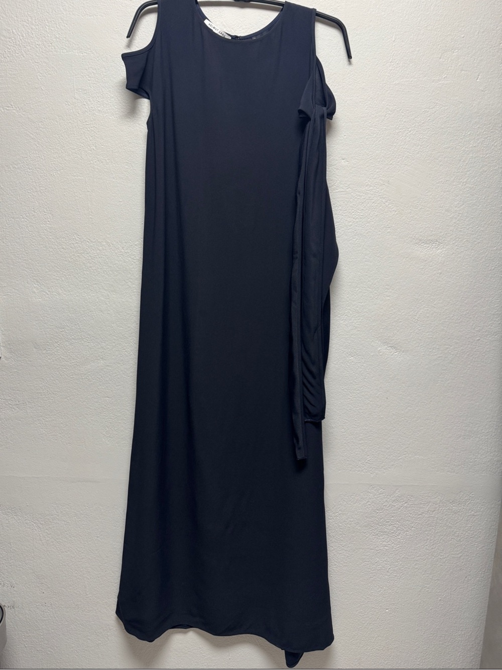 Helmut Lang Black One-Shoulder Maxi Dress with Draped Sleeve Detail